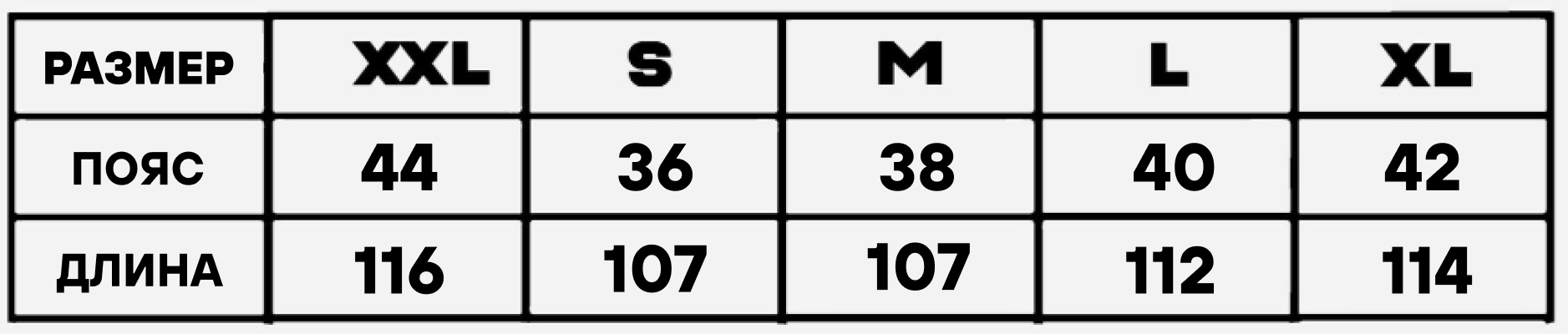 Размерная сетка для штанов